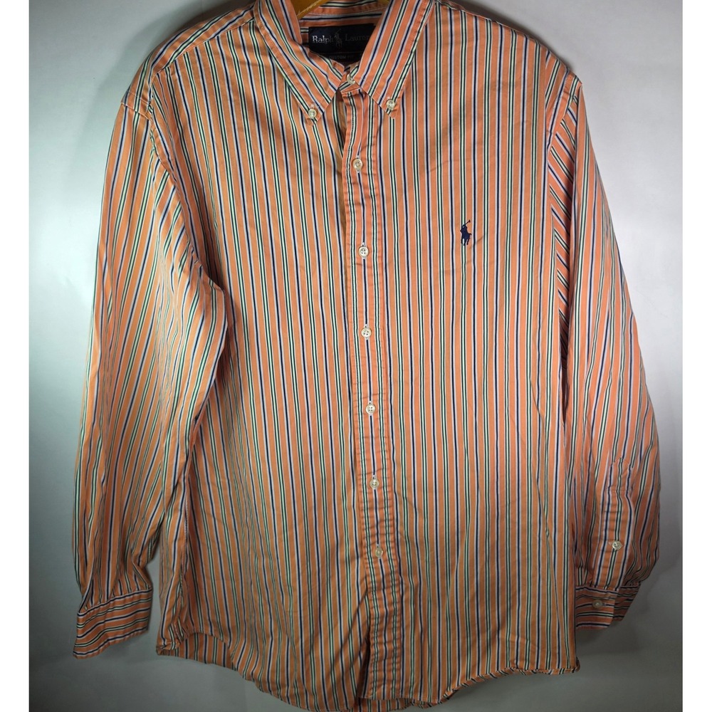Polo Ralph Lauren Custom Fit Shirt Mens 16.5 32/33 Striped Orange Blue ButtonDwn